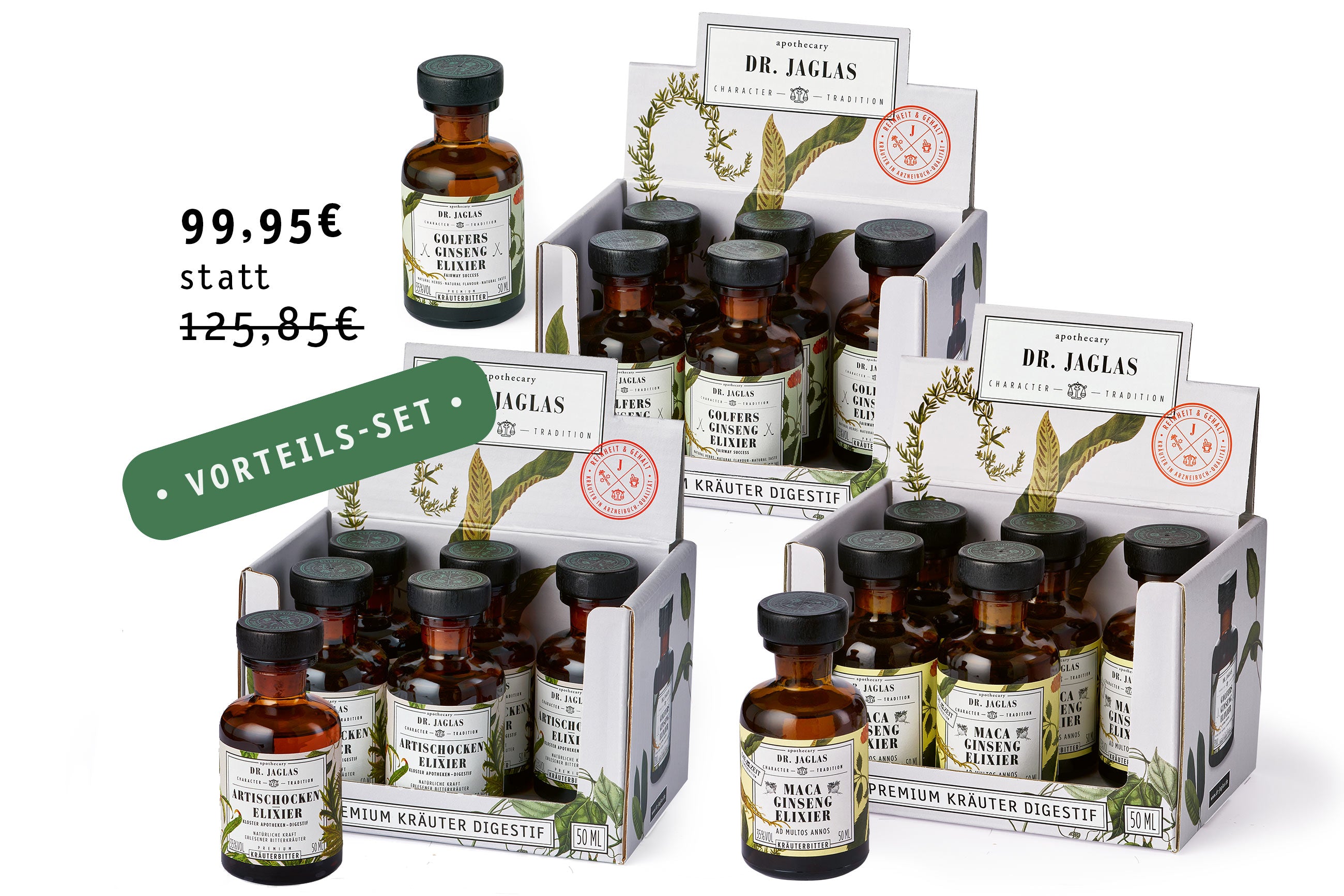 Die Ginseng-Elixier-Boxen von Dr. Jaglas Golfers, hervorgehoben durch ein Rabattetikett und Grünzeug, bieten eine einzigartige Kombination aus Geschmack und Wohlbefinden.