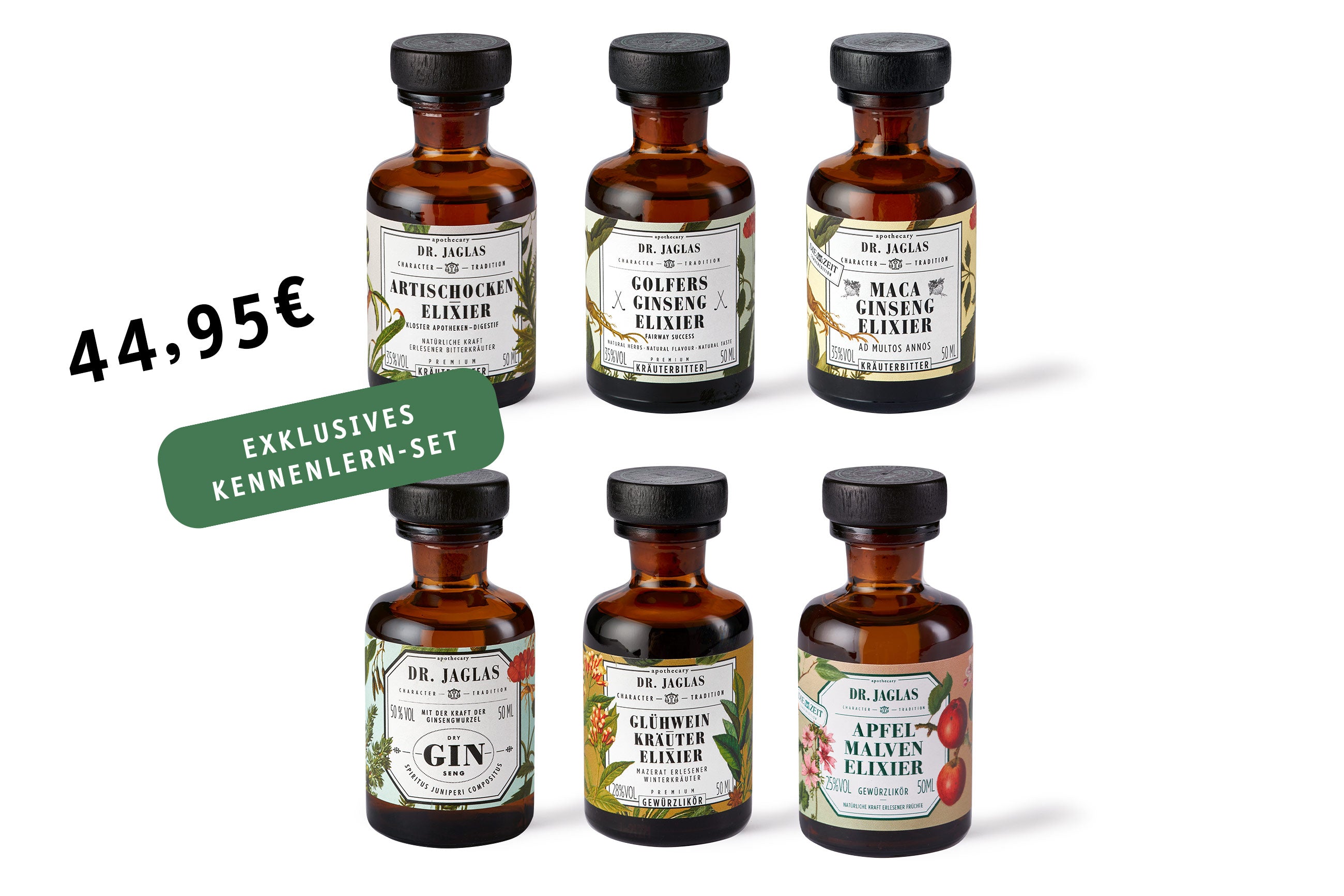 Sechs Flaschen Dr.-Jaglas-Elixier mit dem Artischocken-Elixier werden elegant auf weißem Hintergrund präsentiert und kosten 44,95 €.