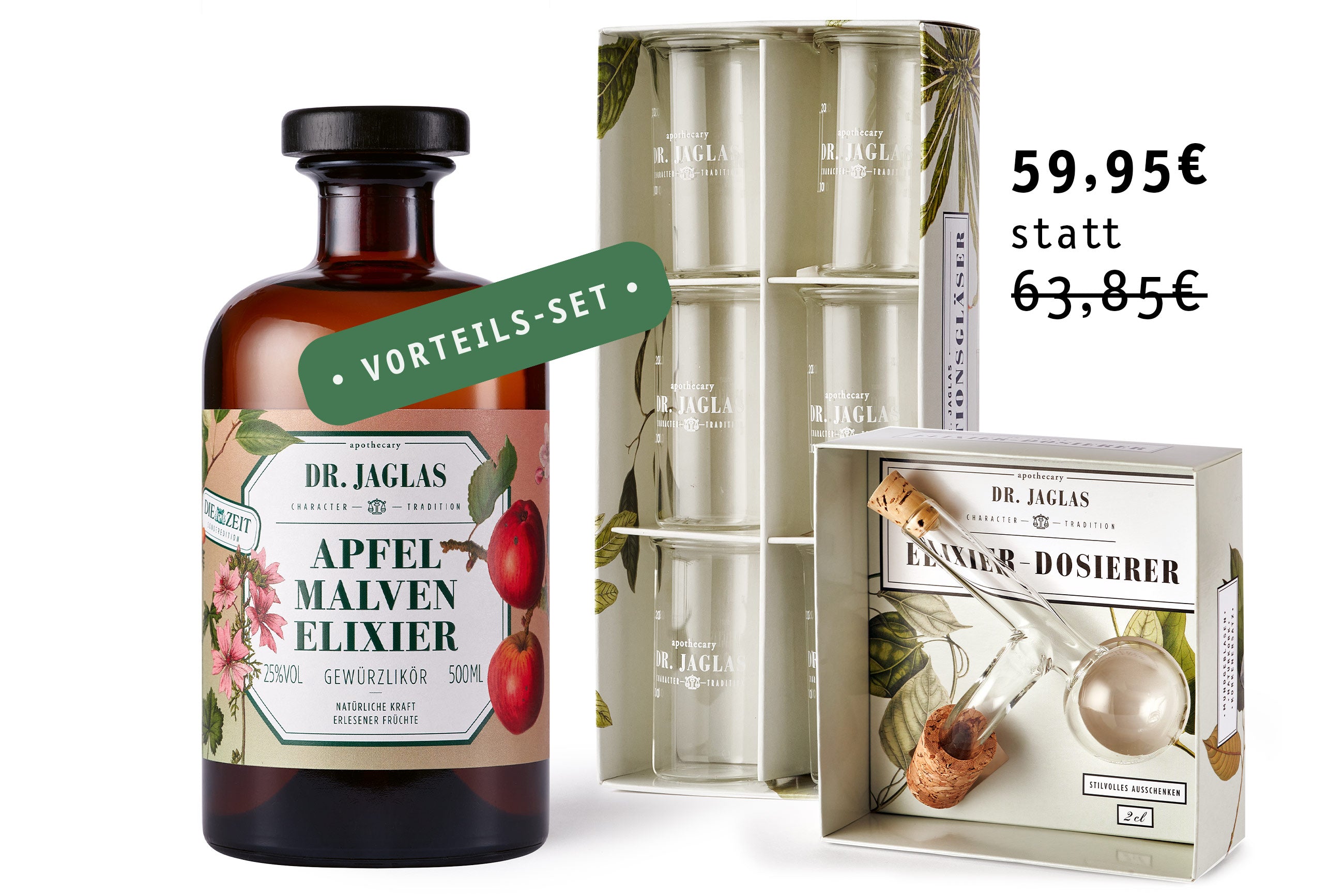 Genießen Sie das Apfel Malven-Elixier-Set bestehend aus einer Flasche dieses erlesenen Dr. Jaglas Gewürzlikörs, einem Glas und Dosierer für nur 59,95€ (ursprünglich 63,85€).