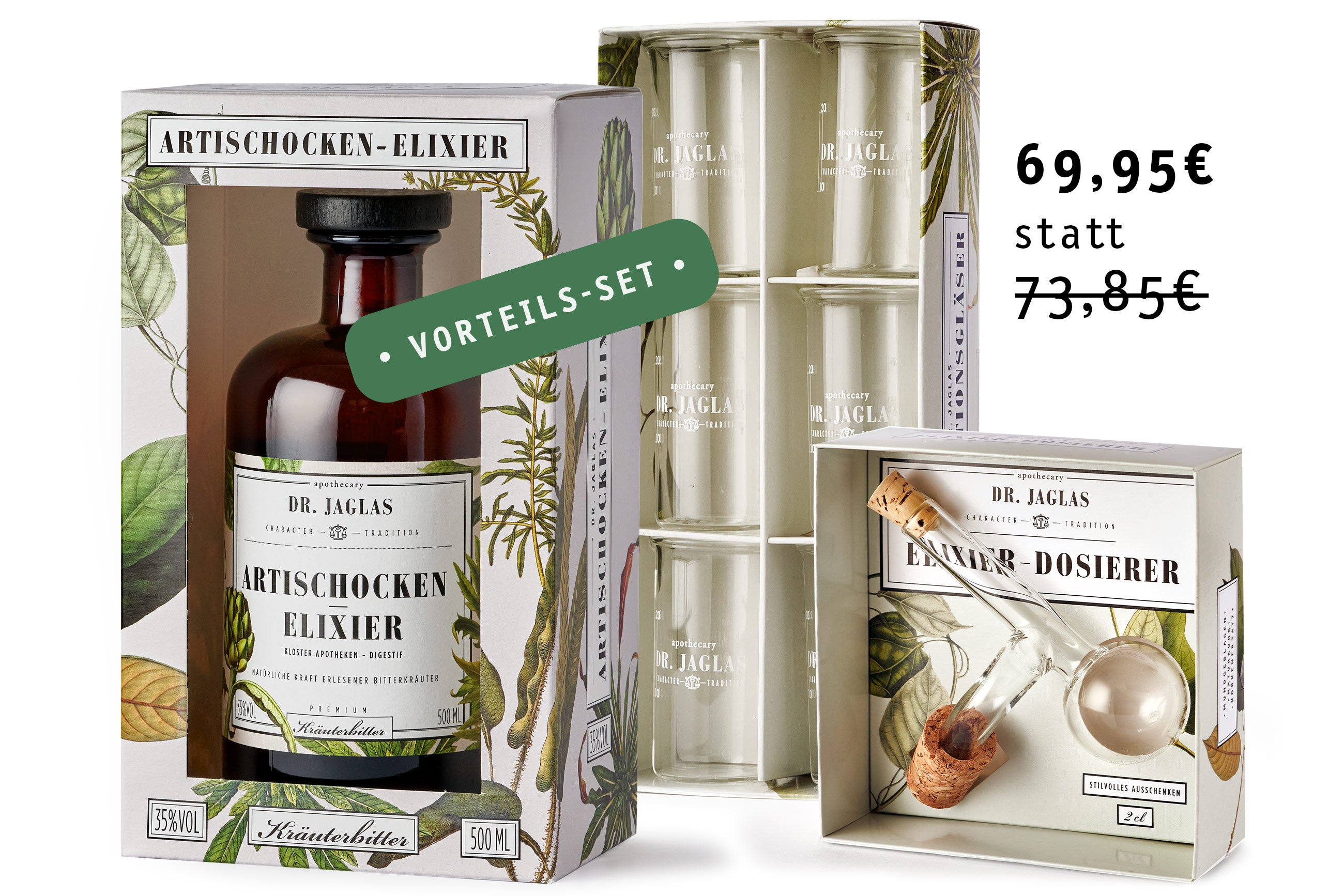 Das Artischocken-Elixier-Set von dr-jaglas inklusive Gläsern und Dosierer kostet jetzt 69,95 € (statt 73,85 €). Ideal für Kräuterbitter-Liebhaber.