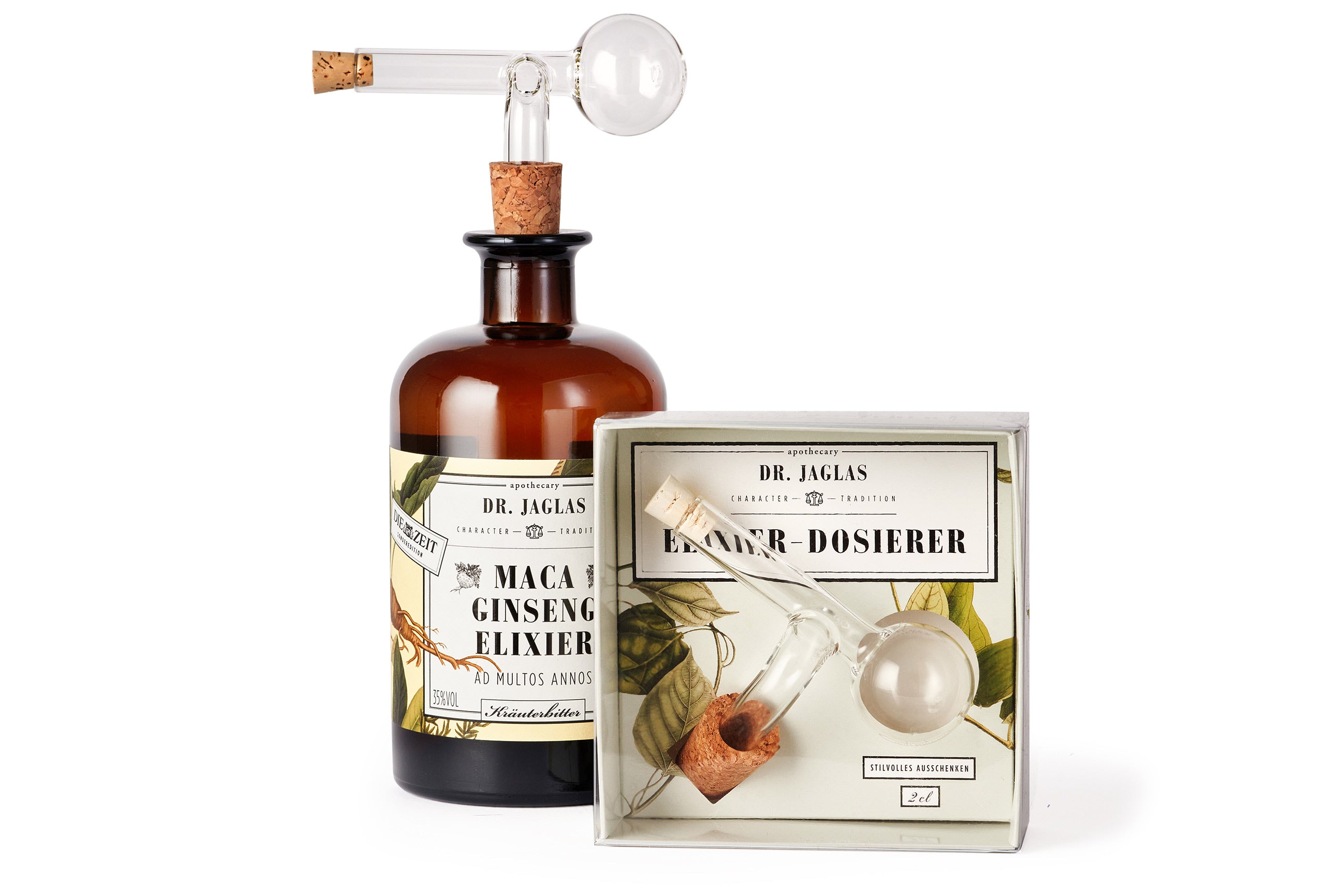 Dr Jaglas Dosierer an der Maca Ginseng Flasche