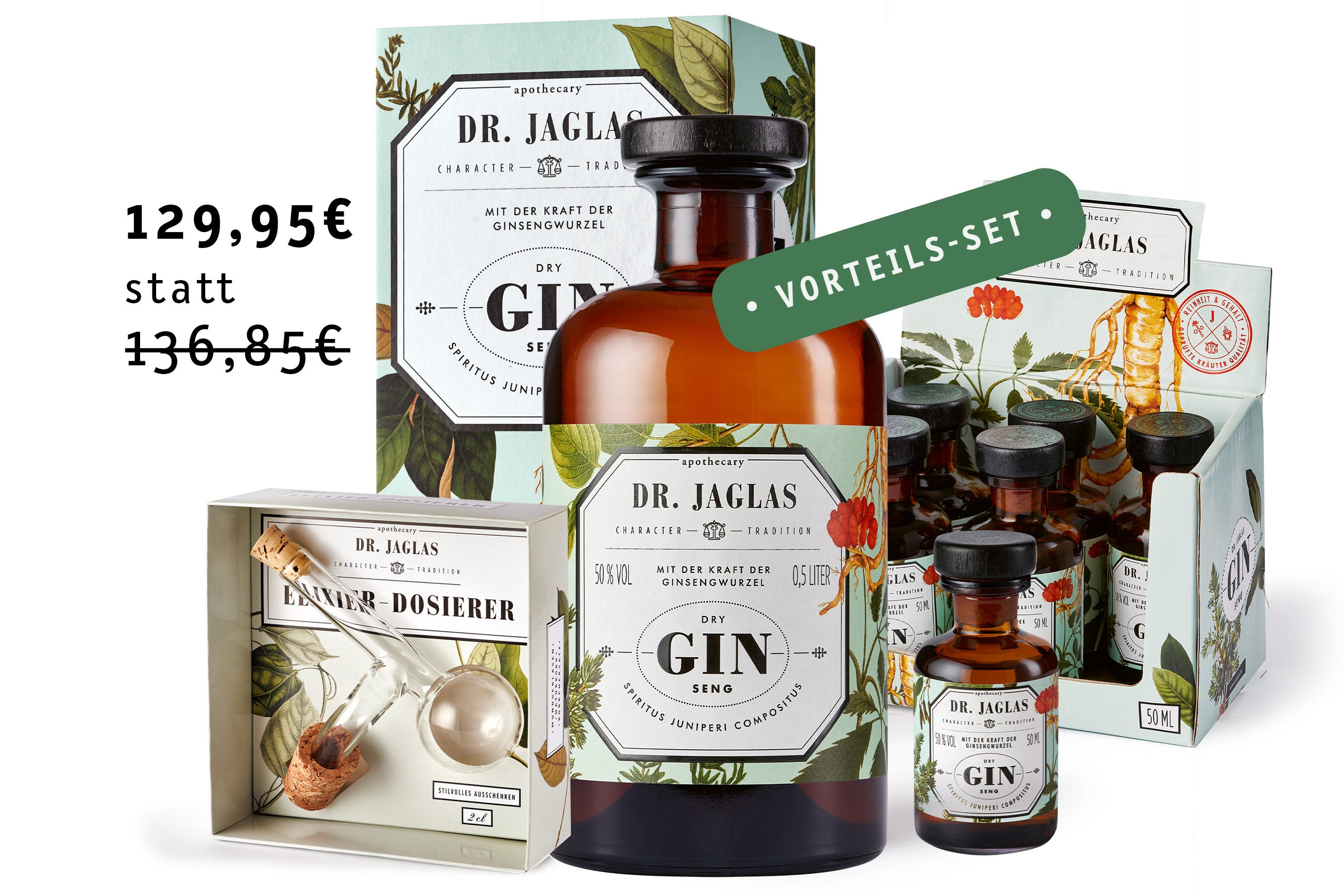 Entdecken Sie das einzigartige Gin-Sortiment von dr-jaglas, darunter den gefeierten Dry GIN-seng Gin, jetzt zum Sonderpreis. Jedes Set enthält Flaschen und Dosierzubehör, perfekt für Liebhaber.