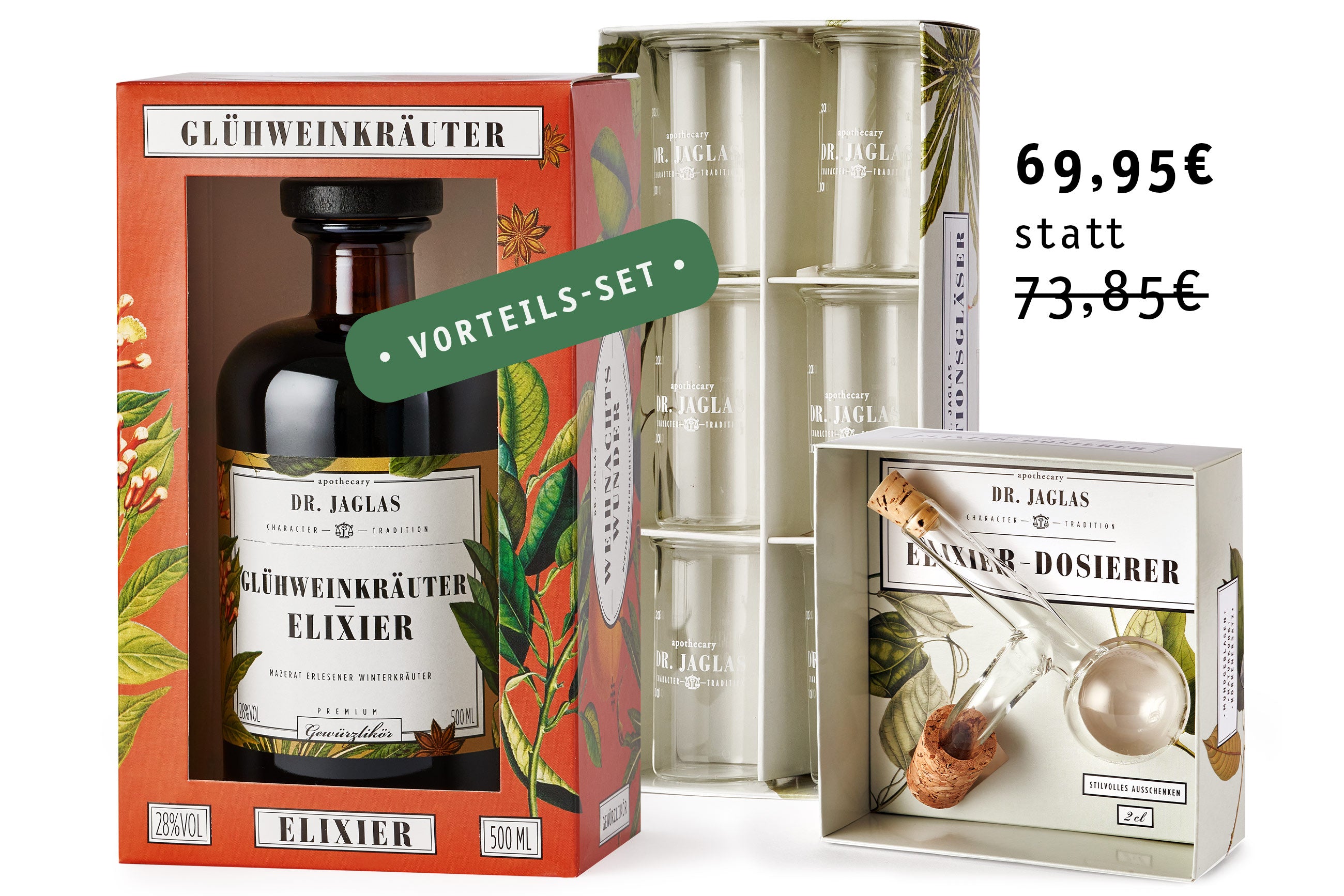 Dr. Jaglas Glühweinkräuter-Elixier Geschenkset, komplett mit Dosierer und Gläsern, jetzt für 69,95€ erhältlich, statt 73,85€.
