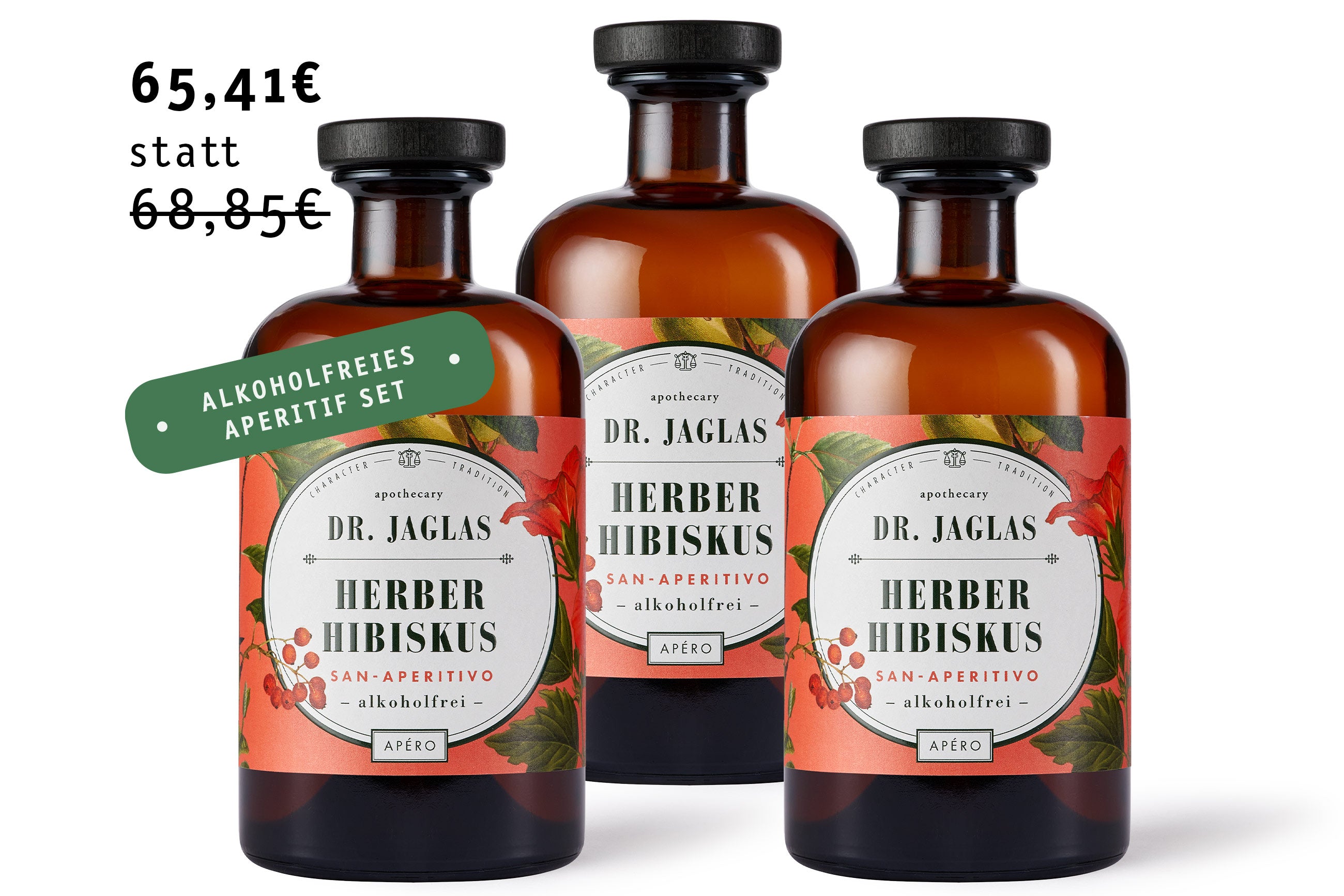 Sichern Sie sich drei braune Flaschen dr-jaglas Herber Hibiskus alkoholfreier Aperitif mit floralem Etikett für nur 65,41€ (vorher 68,85€).