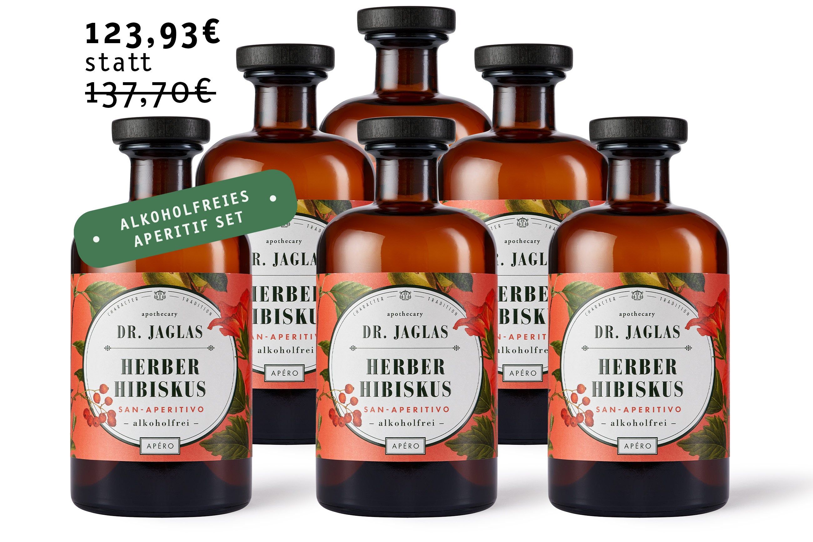 Herber Hibiskus von dr-jaglas, ideal für die Zubereitung eines erfrischenden Hibiskus-Spritzes, gibt es jetzt unter dem Label „Alkoholfreies Aperitif-Set“ rabattiert.