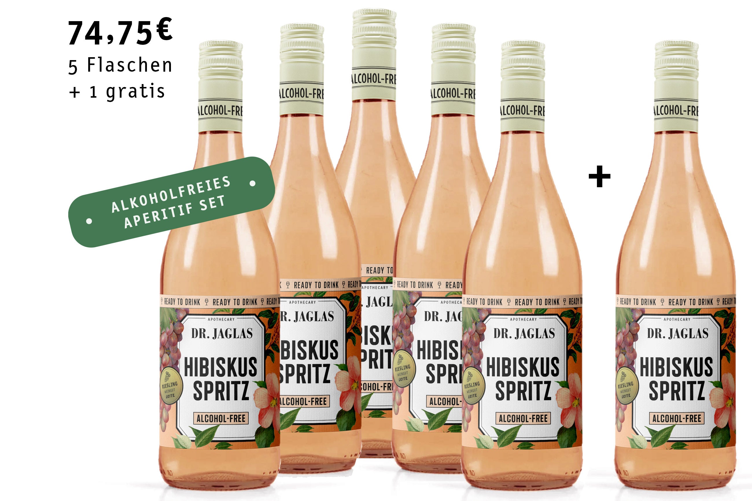 Sechs Flaschen dr-jaglas Hibiskus Spritz - alkoholfrei, vegan und kalorienarm - jetzt im attraktiven 5 + 1 Bundle erhältlich.