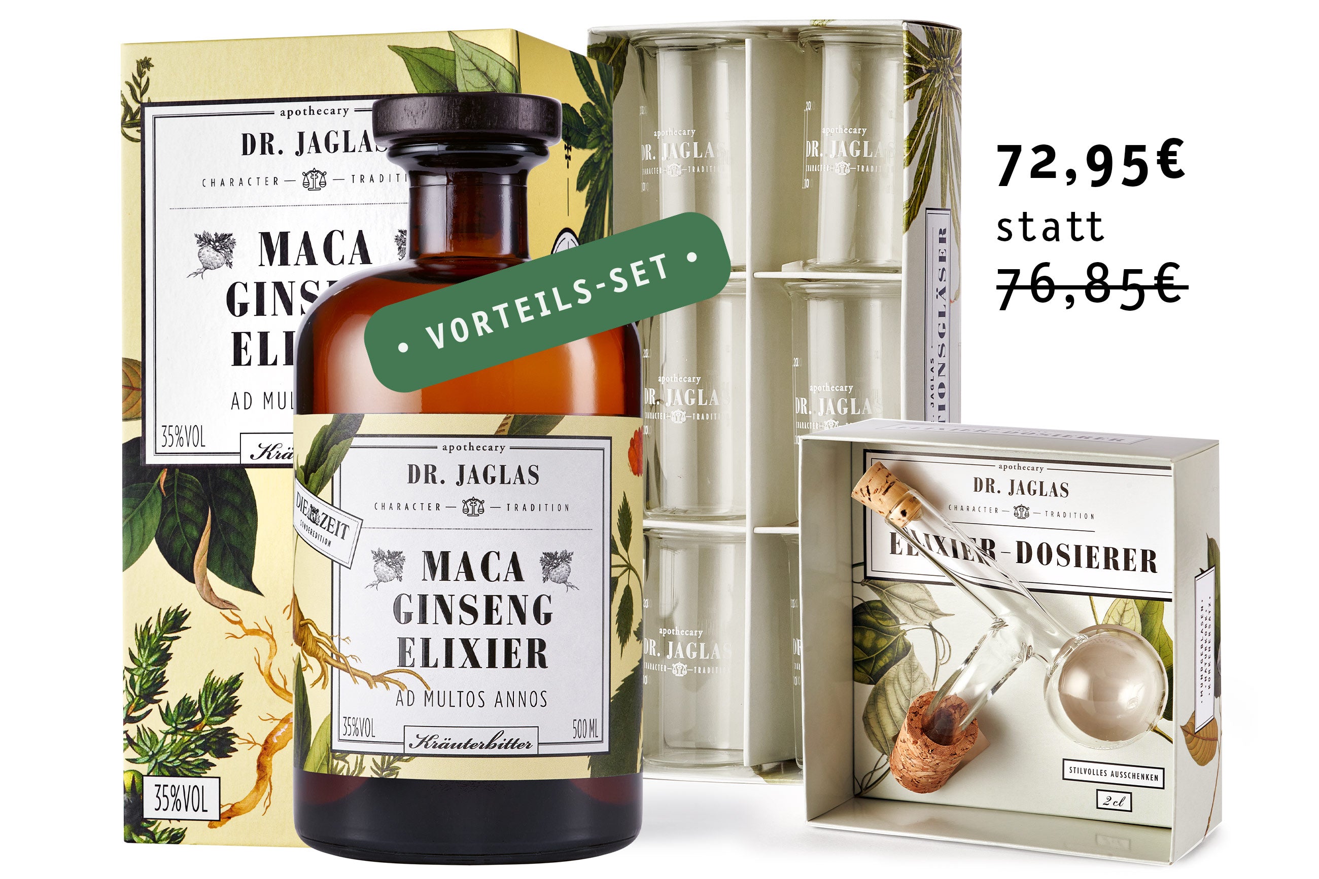 Das Dr-Jaglas Maca Ginseng-Elixier-Set, bestehend aus Becher und Dosierer mit wirkungsstarken Maca- und Ginseng-Wurzeln, kostet jetzt nur 72,95 € statt 76,85 €.