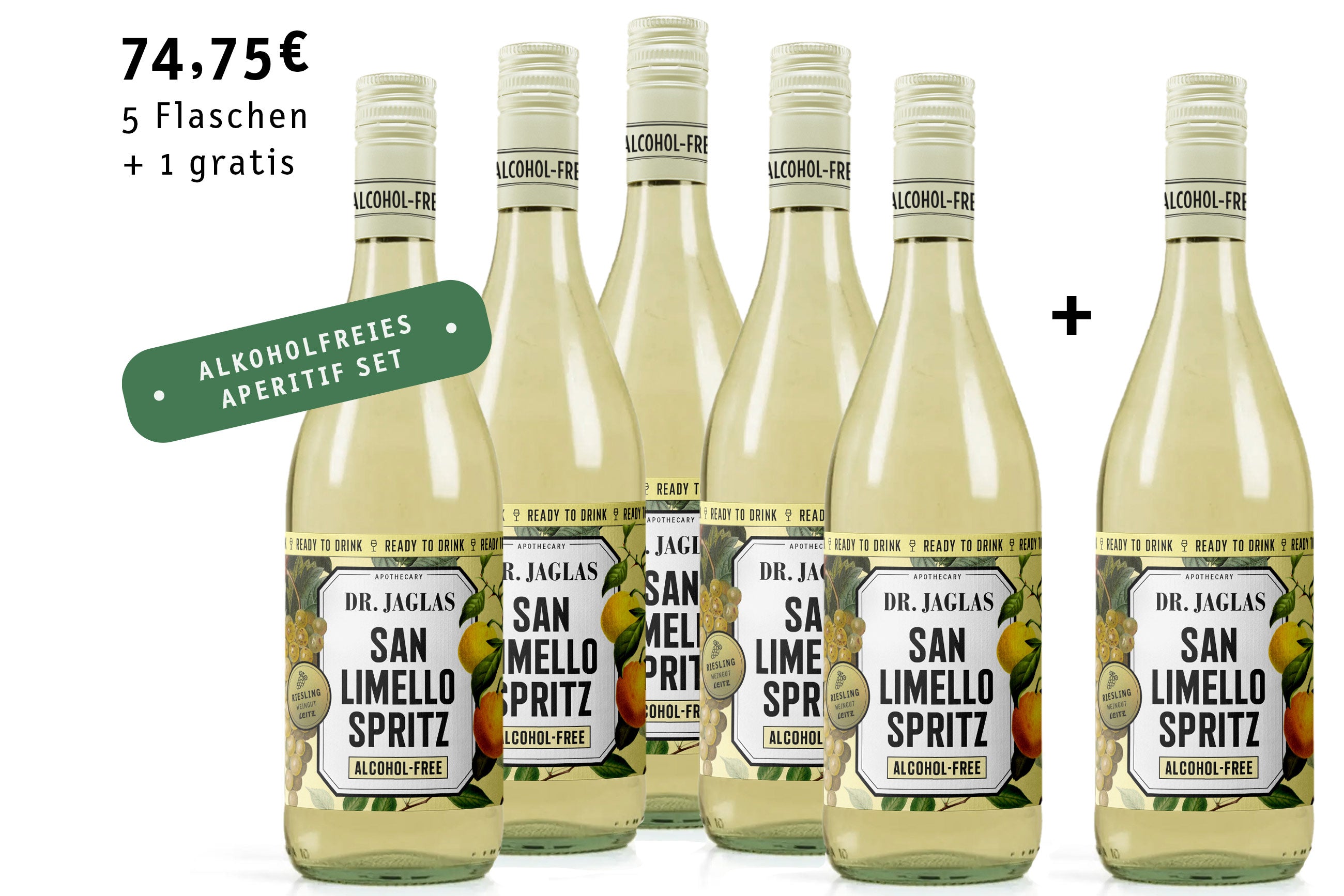 Sechs Flaschen dr-jaglas San Limello Spritz - 5 + 1 Bundle, vegan und kalorienarm mit prickelnder Riesling-Note, plus deutschem Angebotstext auf der linken Seite.