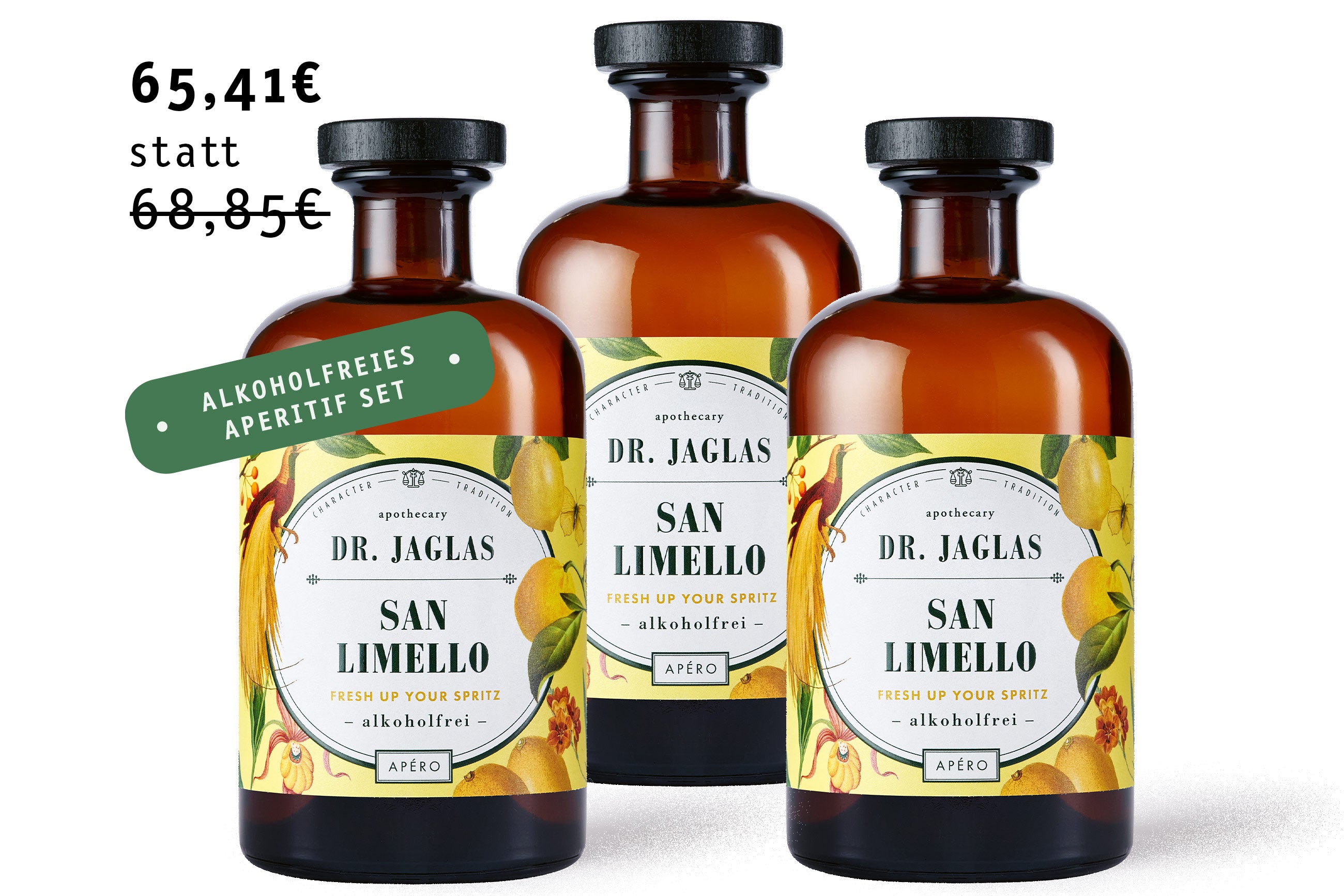 Drei Flaschen von dr-jaglas 3x San Limello im Bundle mit lebendigen Zitrusdesigns verführen mit ihrem erfrischenden Charme. Diese Getränke sind mit einem deutschen Discount-Label ausgezeichnet und fangen mit jedem Schluck die Essenz der Zitrusfrüchte ein.