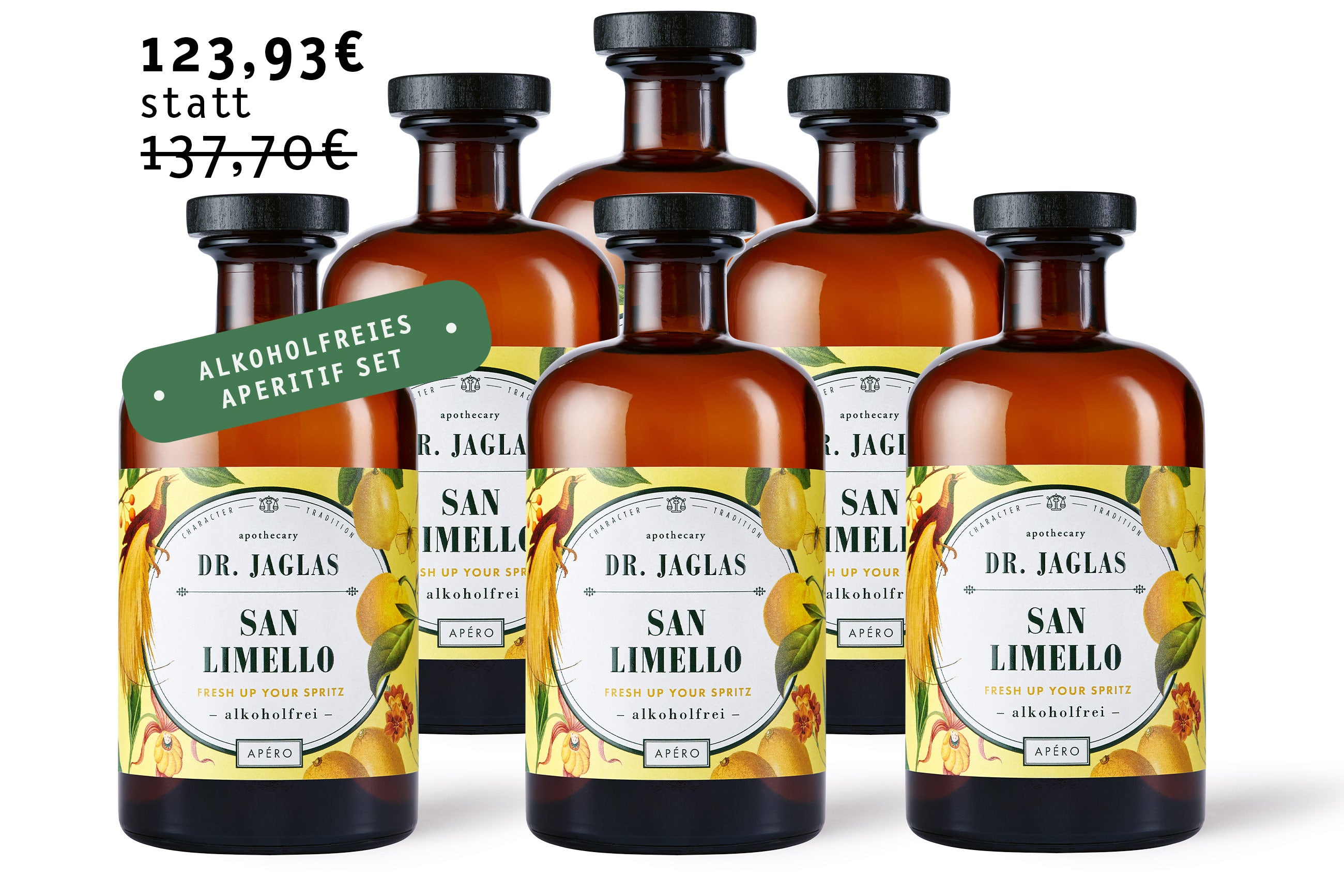 Im Angebot sind alkoholfreie Limoncello-Flaschen mit San Limello von Dr. Jaglas, mit erfrischender Zitronenessenz, perfekt für einen köstlichen Limello Spritz.