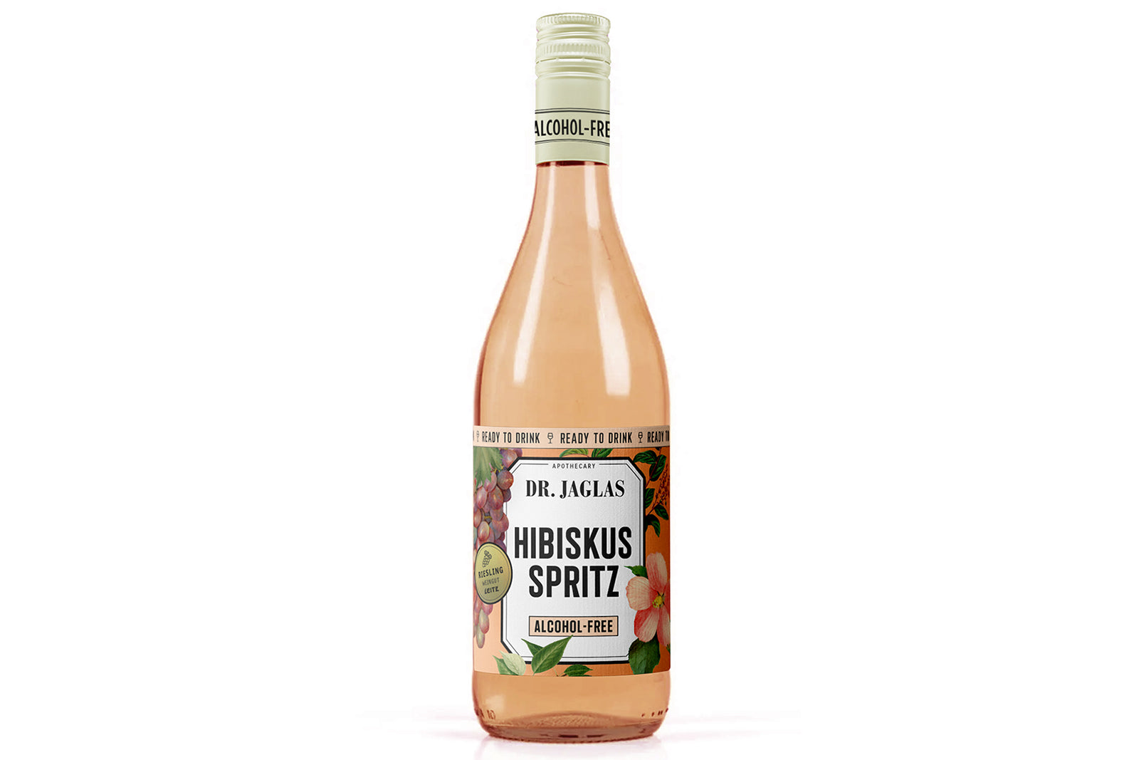Eine Flasche dr-jaglas Hibiskus Spritz, ein alkoholfreier, trinkfertiger Spritz mit einem floralen Etikettdesign.