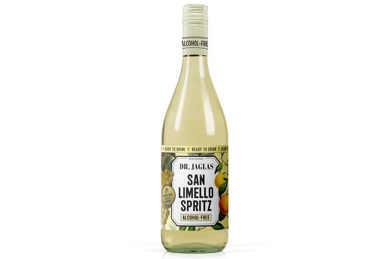 Eine Flasche dr-jaglas San Limello Spritz, ein alkoholfreier Schorle, inspiriert von prickelndem Riesling, mit Fruchtabbildungen auf dem Etikett.
