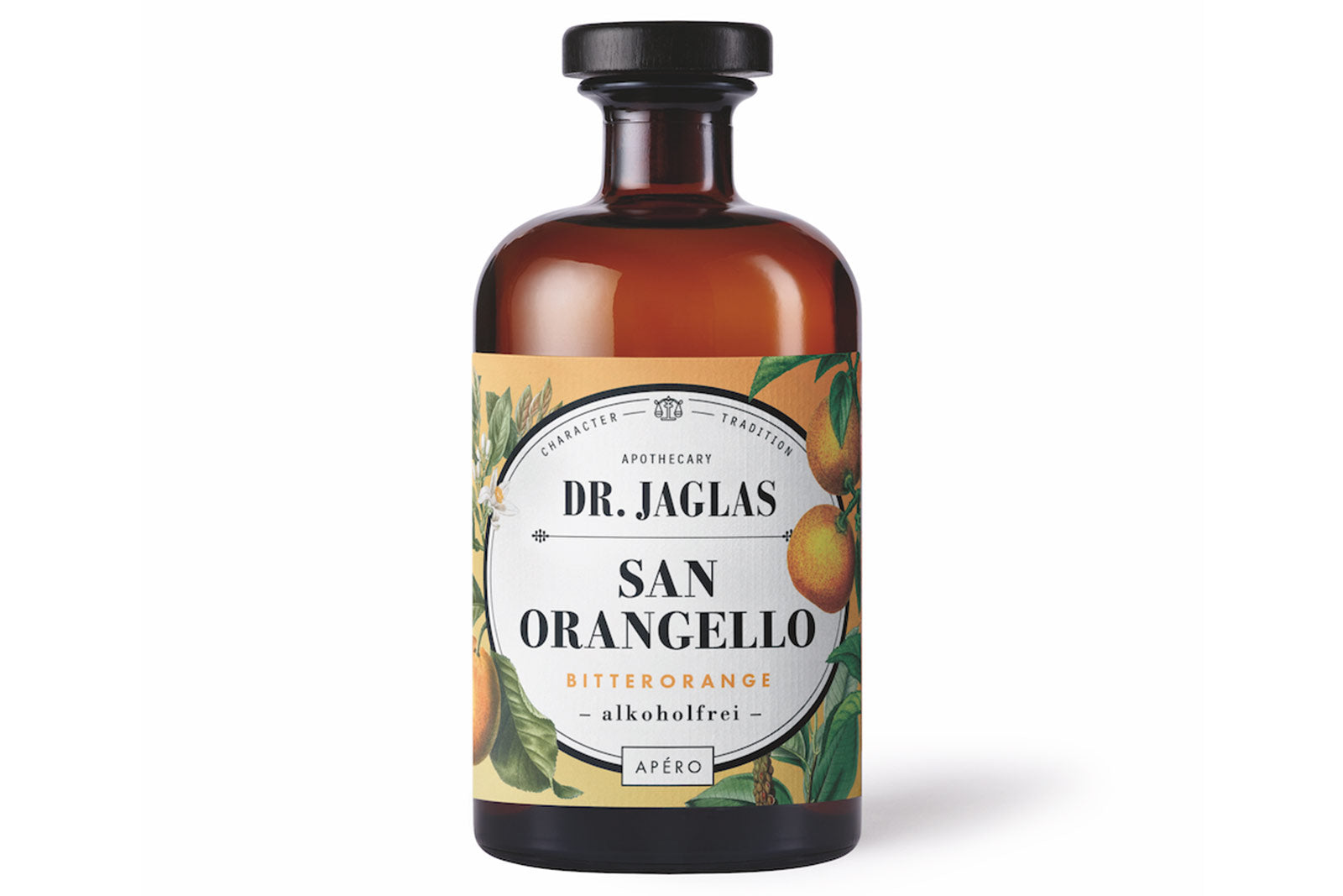 Bernsteinfarbene Flasche mit der Aufschrift dr-jaglas San Orangello, mit leuchtend orangefarbenen Illustrationen.