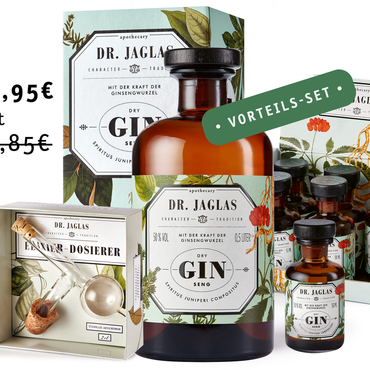 gin aufbewahrung Dry GIN-seng Gin 500ml, 6x 50ml mini set &amp; dispenser in bundle