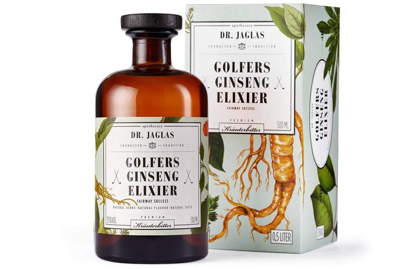 Golfers Ginseng Gin vor Geschenkkarton