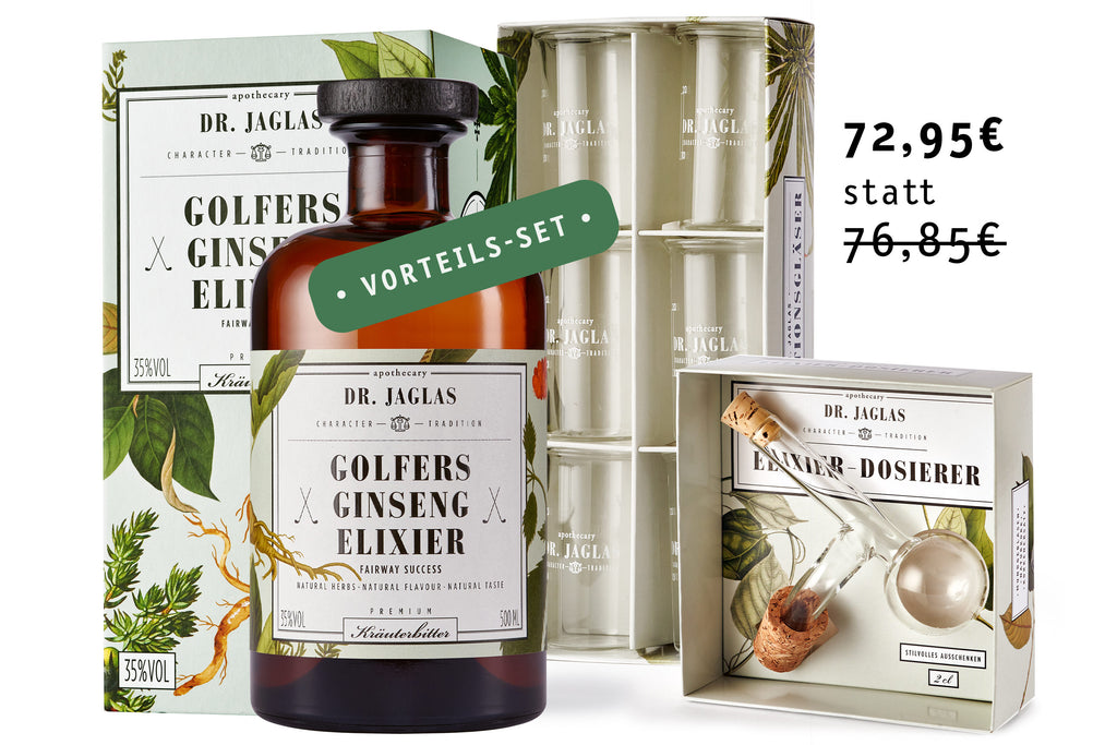 Das „Vorteils-Set“ verdeutlicht die Ersparnis beim exquisiten dr-jaglas Golfers Ginseng-Elixier mit Dosierer & Gläsern im Bundle von 72,95€ statt 76,85€.