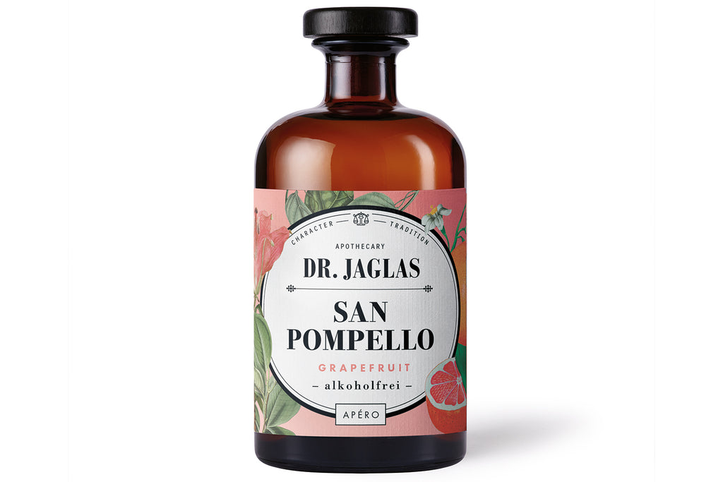 Bernsteinfarbene Flasche mit der Aufschrift dr-jaglas San Pompello, mit Blumen- und Grapefruitdesign - ein idealer rosa Aperitif für Ihre Sommerdrinks im Jahr 2025.