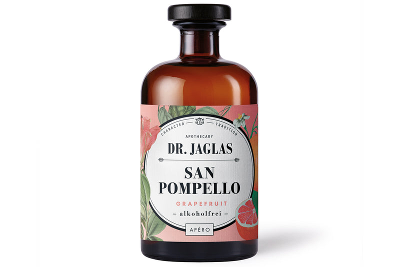 Bernsteinfarbene Flasche mit der Aufschrift dr-jaglas San Pompello, mit Blumen- und Grapefruitdesign - ein idealer rosa Aperitif für Ihre Sommerdrinks im Jahr 2025.