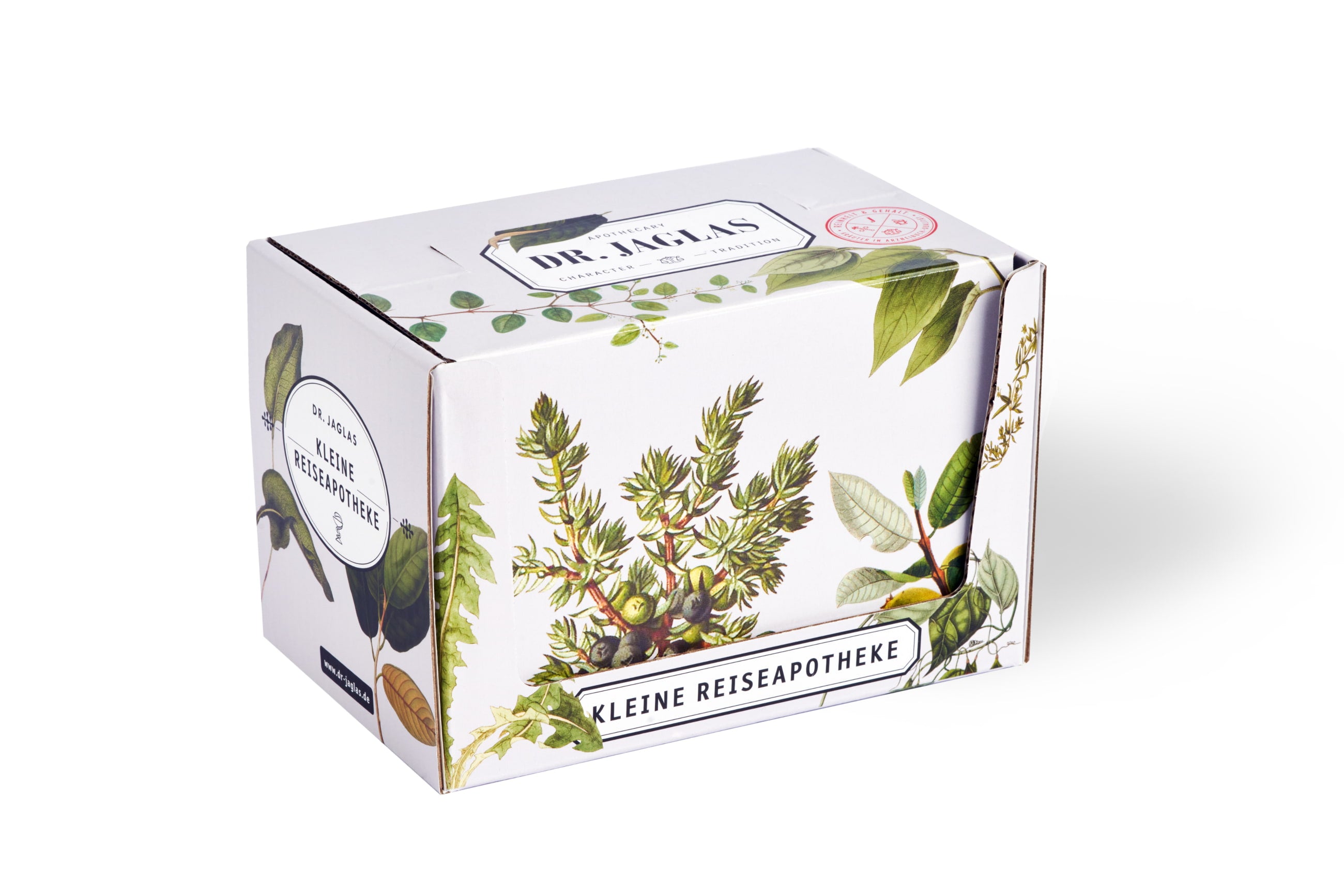 Eine weiße Schachtel mit der Aufschrift 3x Mini-Set Artischocken-, Ginseng- & Maca-Elixier im Bundle, verziert mit botanischen Illustrationen und dr-jaglas-Branding, weist auf Bitterkräuter hin, die von Jaglas Bitter-Elixieren inspiriert sind.