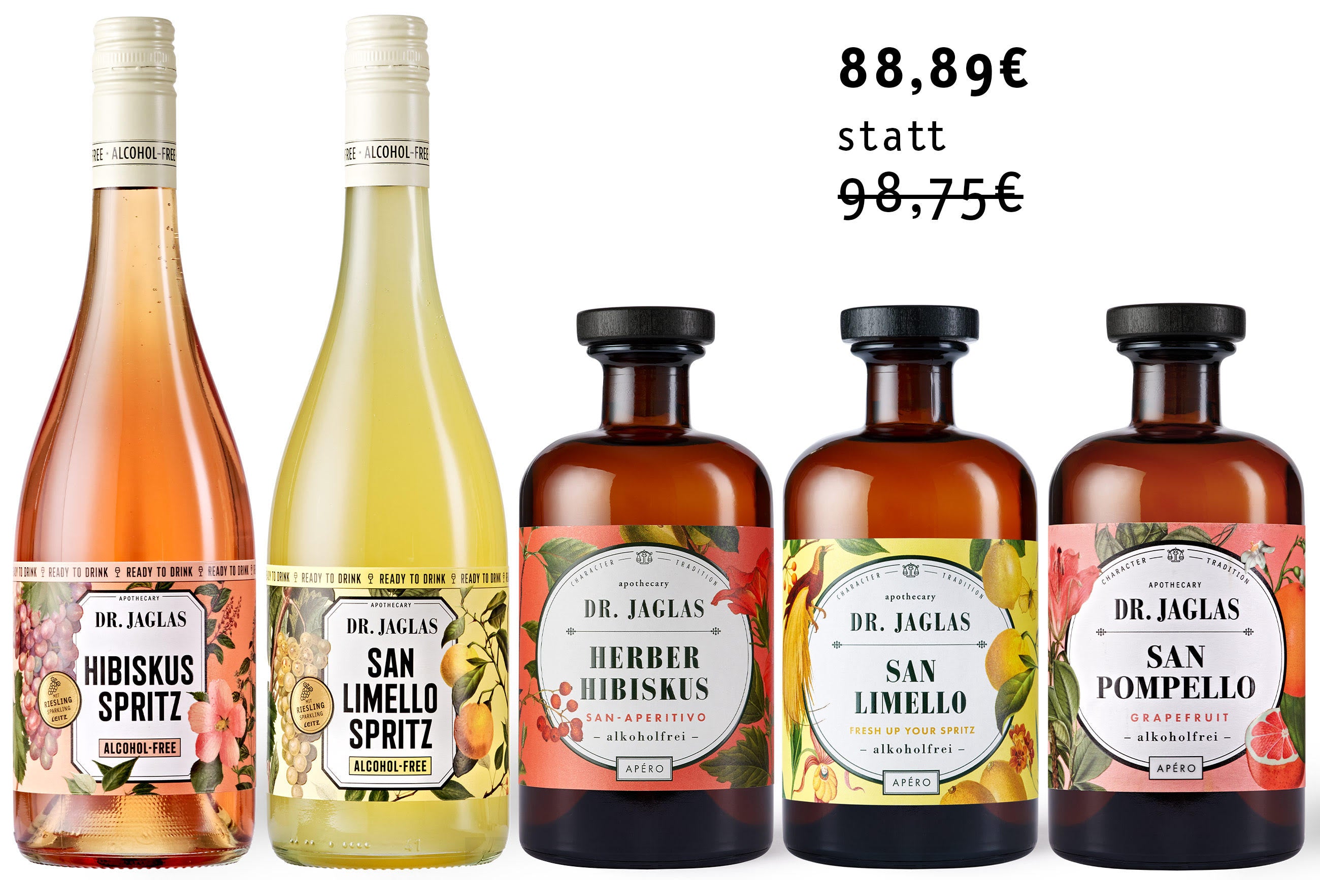 Das dr-jaglas Kennenlern-Bundle: 5 alkoholfreie Aperitifs, darunter unser veganer Hibiskus Spritz, jetzt für nur 88,89€ (regulärer Preis 98,75€).